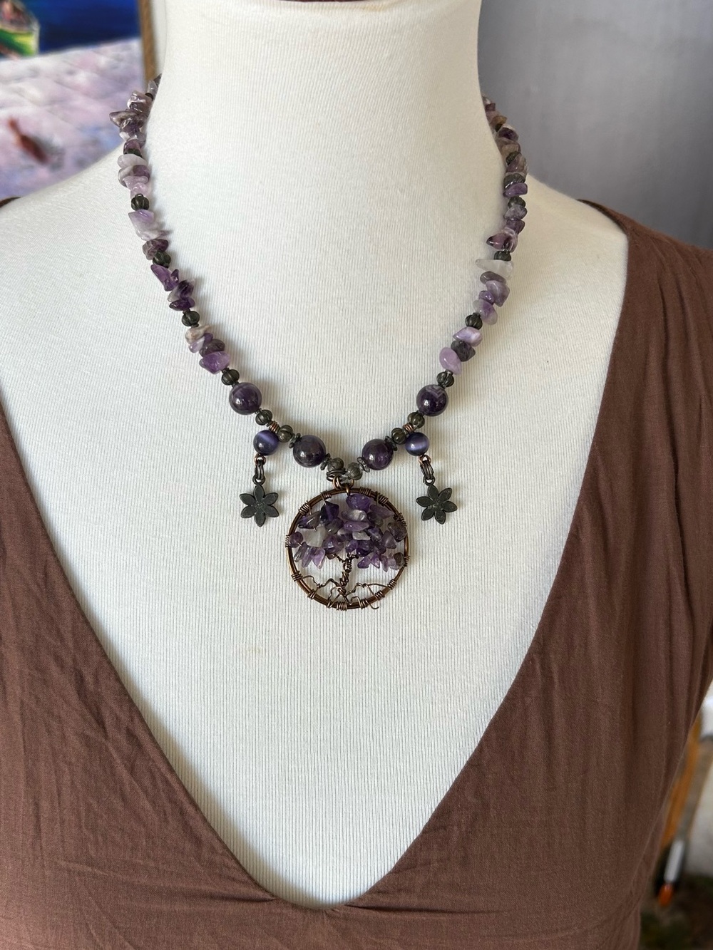 Amethyst NWT Marea Designs Purple Stone Tree of Life Necklace Boho Handcrafted